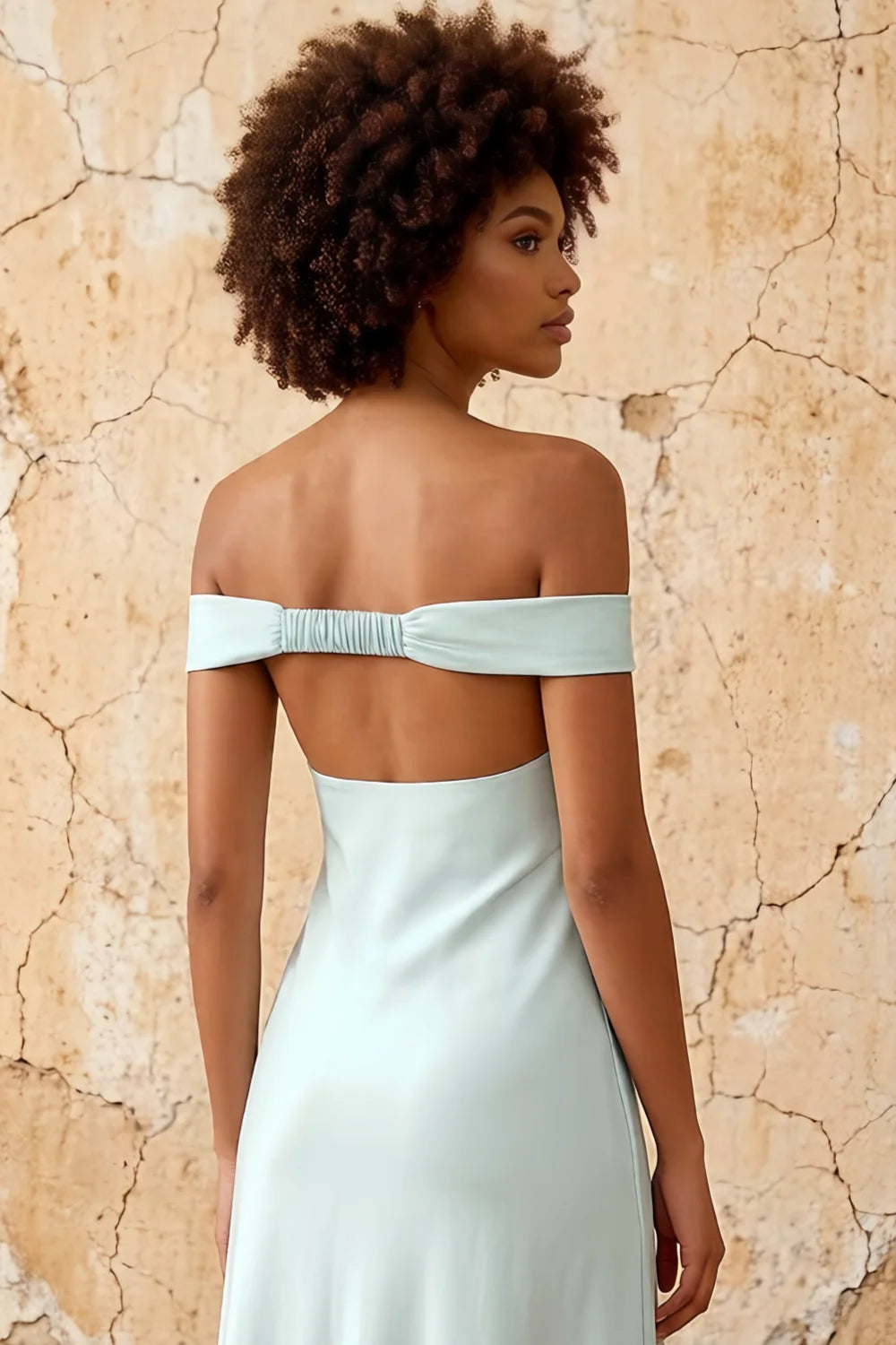 Marina Mist Satin Off The Shoulder Maxi Dress