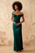 Marina Peacock Satin Off The Shoulder Maxi Dress