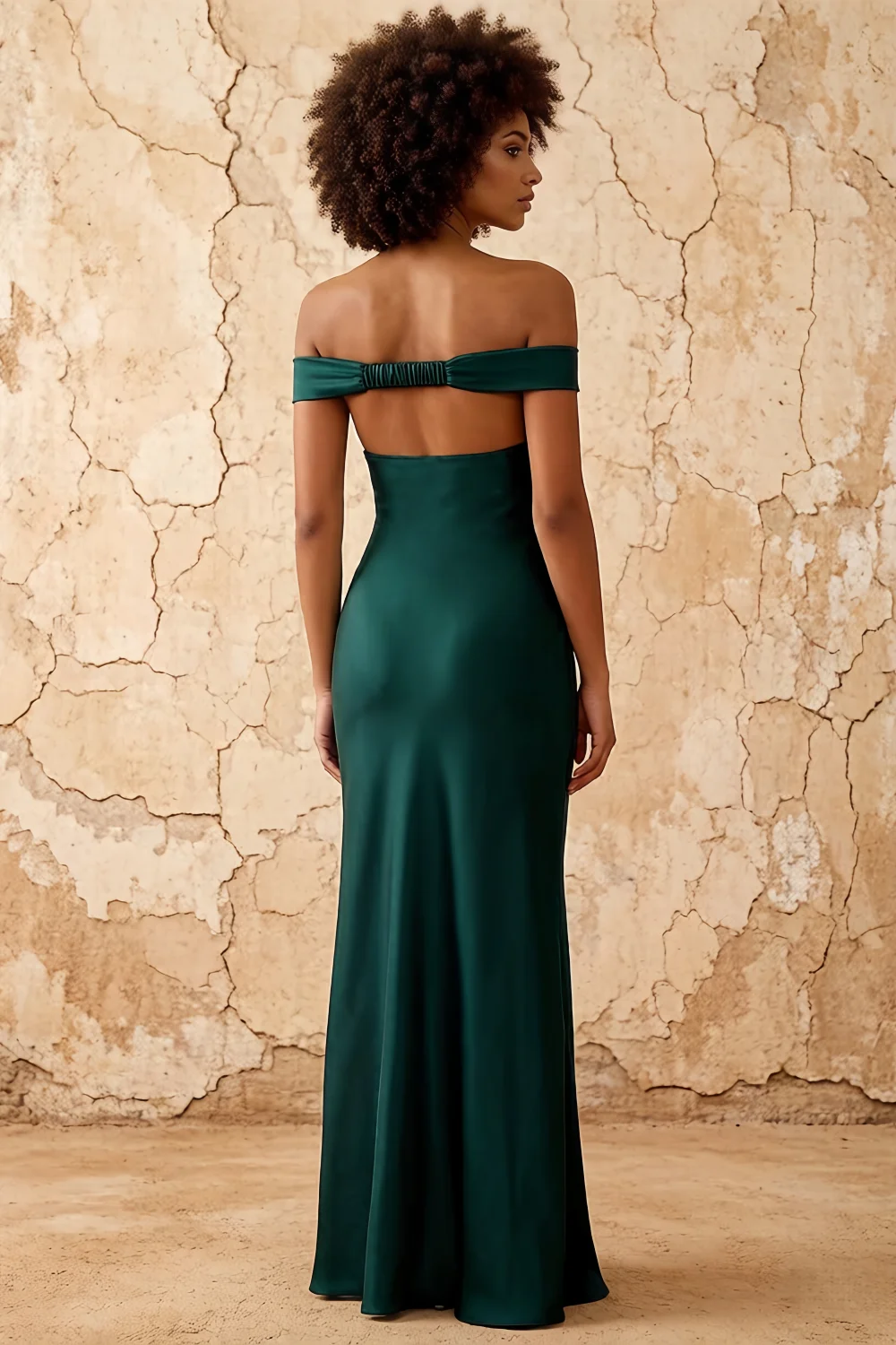 Marina Peacock Satin Off The Shoulder Maxi Dress
