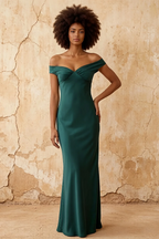 Marina Peacock Satin Off The Shoulder Maxi Dress
