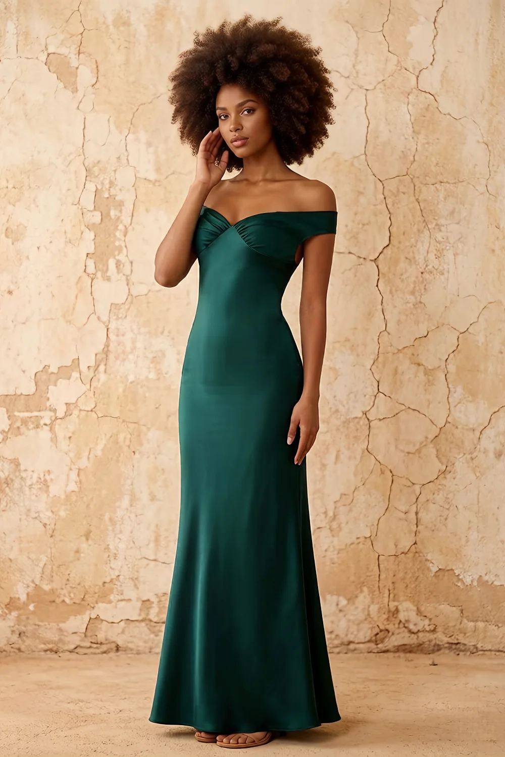 Marina Peacock Satin Off The Shoulder Maxi Dress