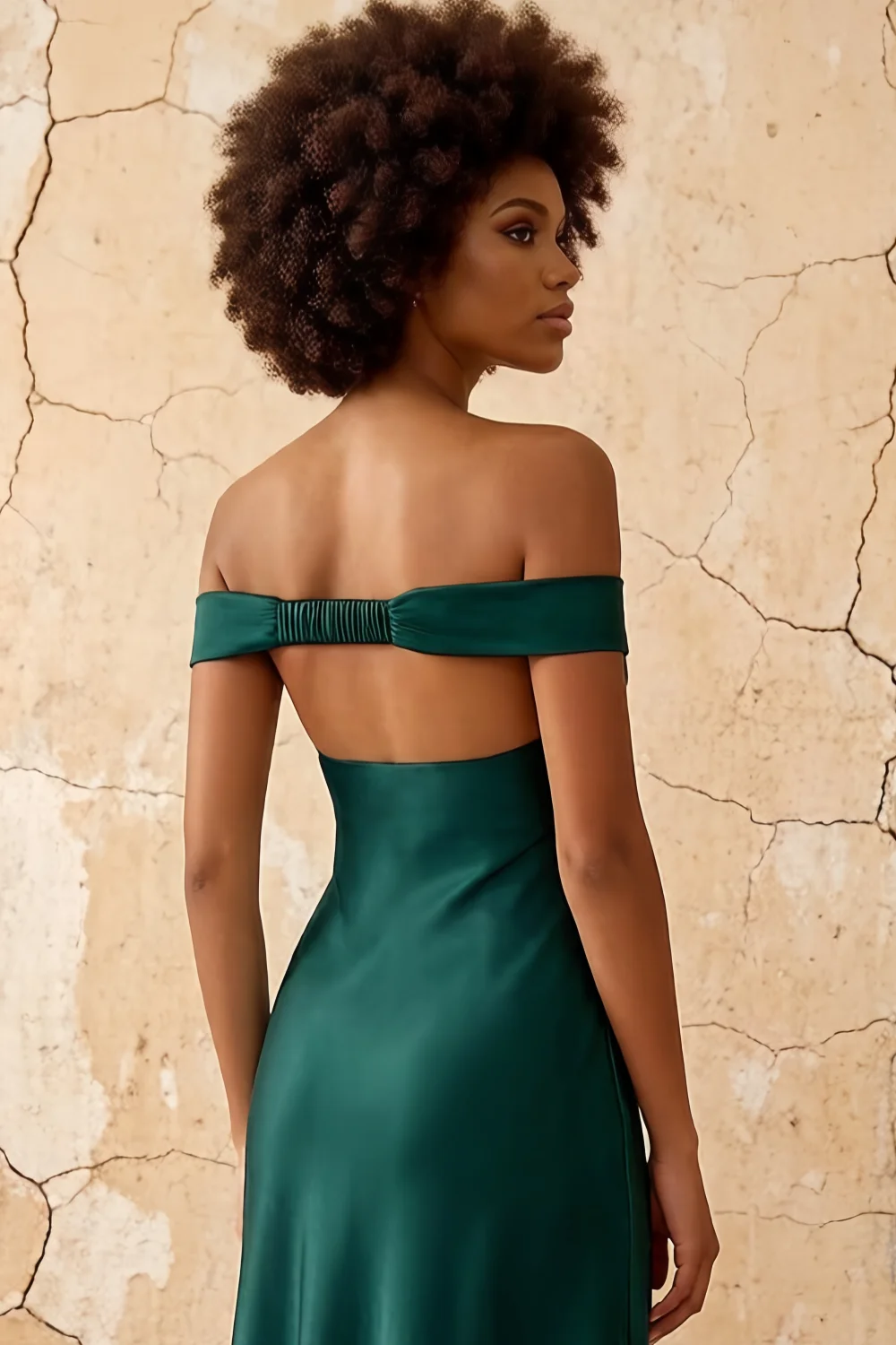 Marina Peacock Satin Off The Shoulder Maxi Dress