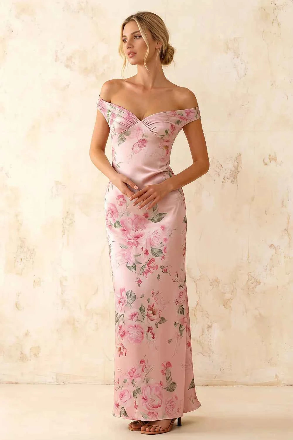 Marina Pink Floral Off The Shoulder Maxi Dress