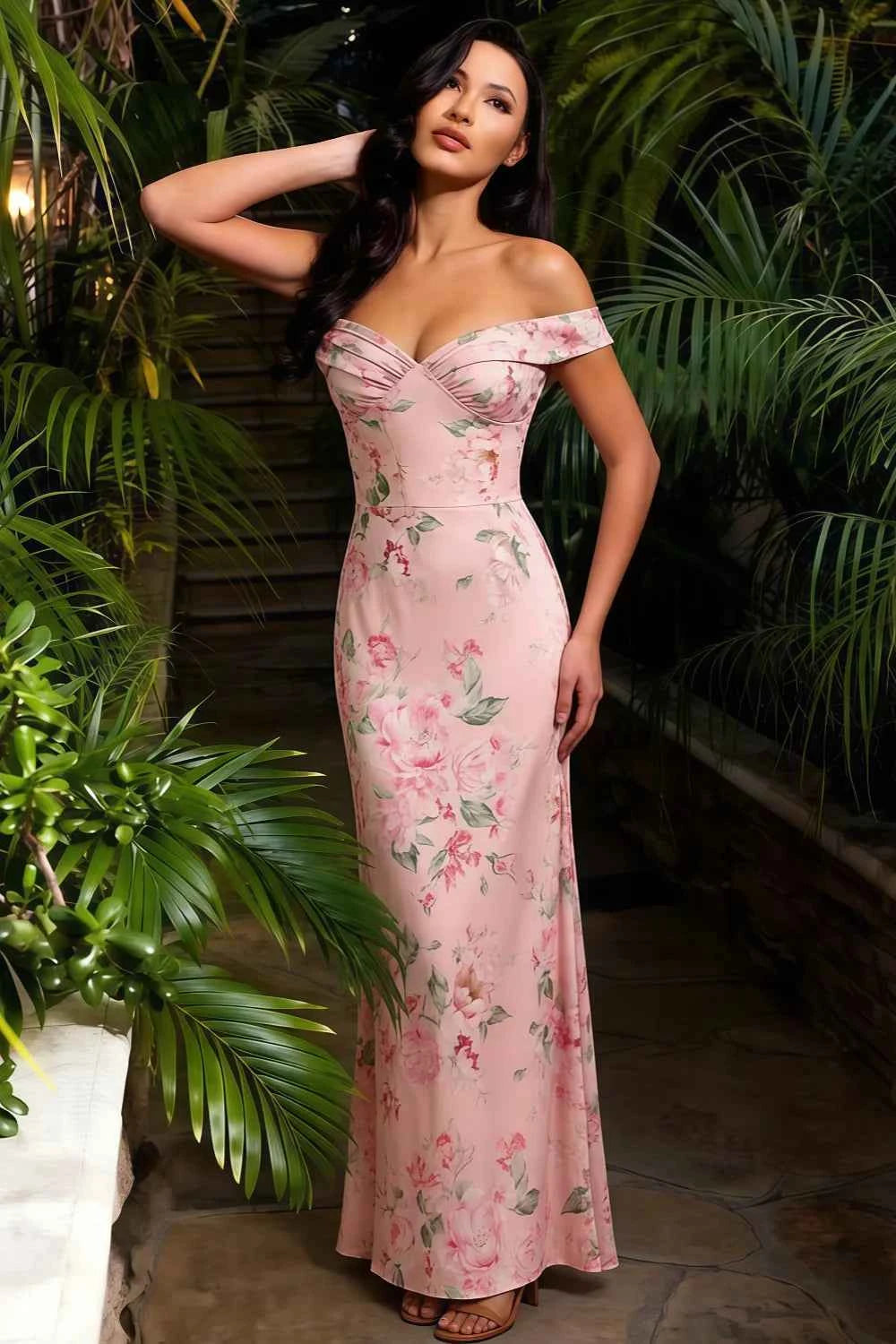 Marina Pink Floral Off The Shoulder Maxi Dress
