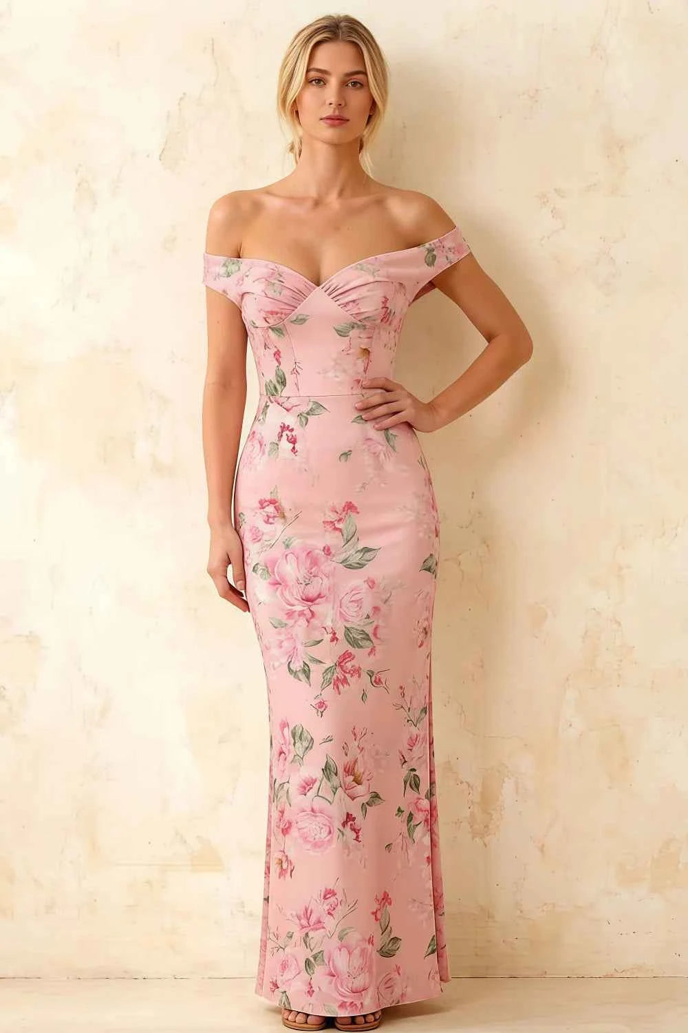 Marina Pink Floral Off The Shoulder Maxi Dress