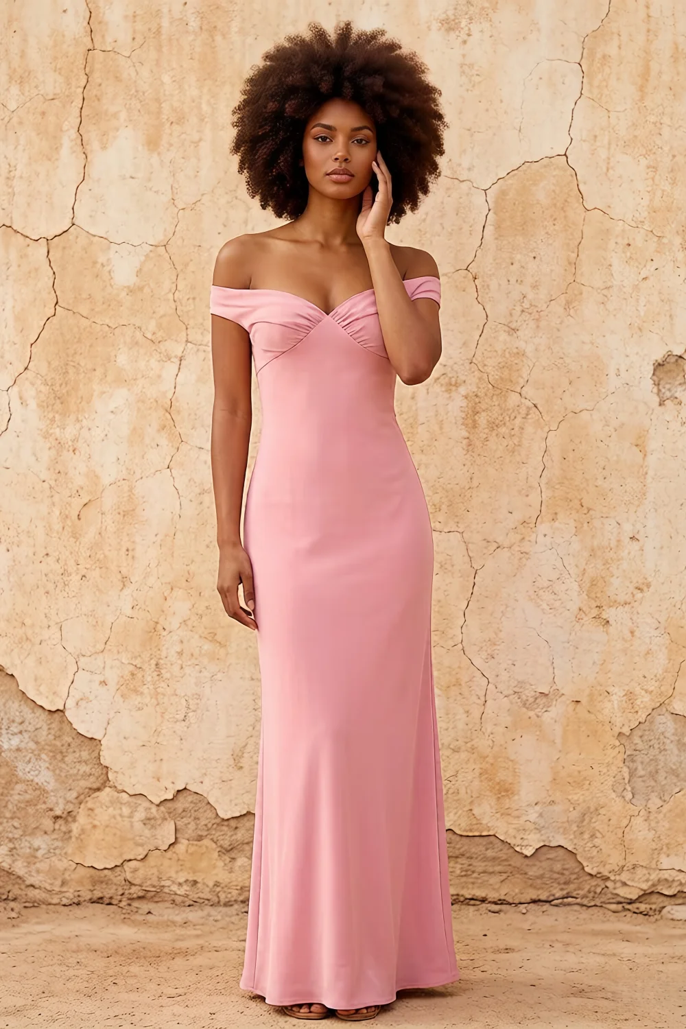 Vestido largo de satén rosa Marina, sin hombros