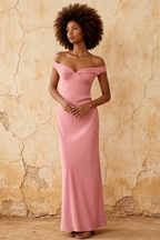Marina Power Pink Satin Off The Shoulder Maxi Dress