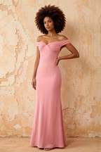 Marina Power Pink Satin Off The Shoulder Maxi Dress