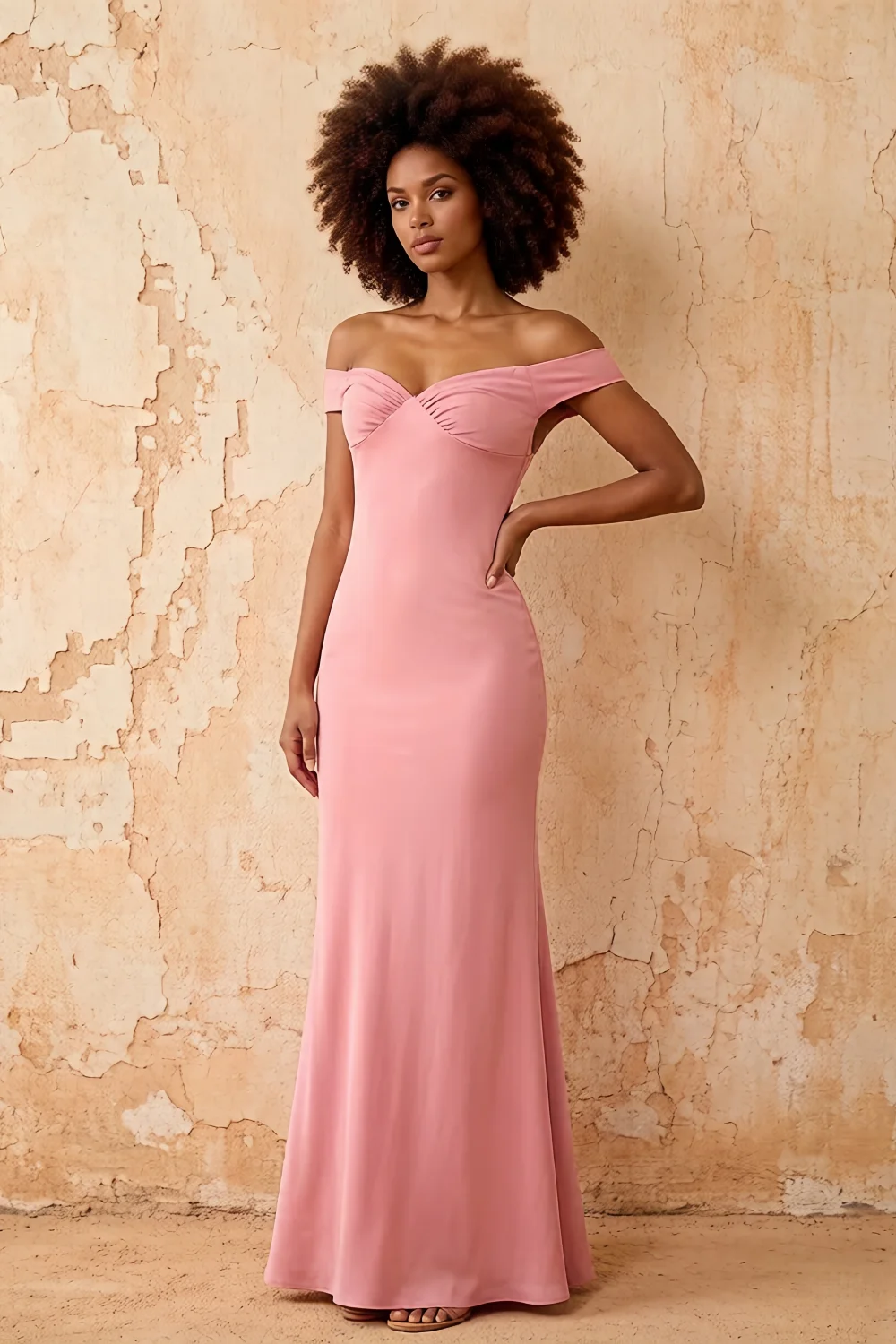 Vestido largo de satén rosa Marina, sin hombros