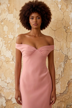 Marina Power Pink Satin Off The Shoulder Maxi Dress