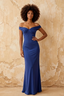 Marina Royal Blue Satin Off The Shoulder Maxi Dress