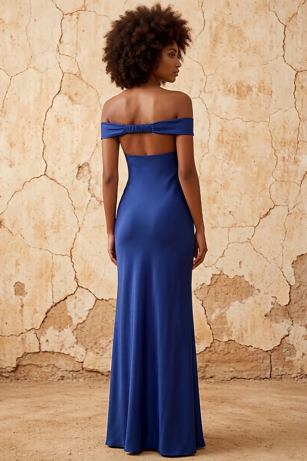 Marina Royal Blue Satin Off The Shoulder Maxi Dress