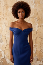 Marina Royal Blue Satin Off The Shoulder Maxi Dress