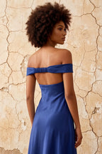 Marina Royal Blue Satin Off The Shoulder Maxi Dress