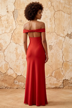 Marina Rust Satin Off The Shoulder Maxi Dress