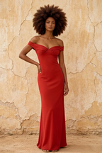 Marina Rust Satin Off The Shoulder Maxi Dress