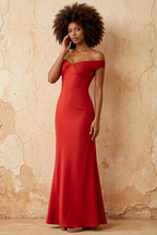 Marina Rust Satin Off The Shoulder Maxi Dress