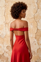 Marina Rust Satin Off The Shoulder Maxi Dress