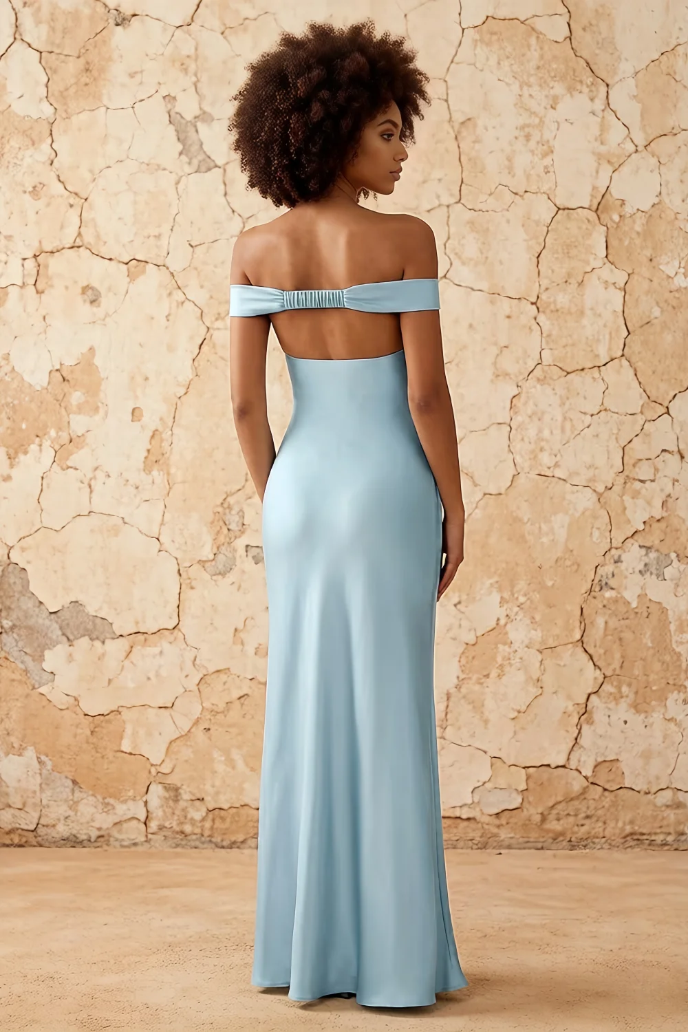 Marina Sky Blue Satin Off The Shoulder Maxi Dress