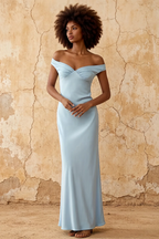 Marina Sky Blue Satin Off The Shoulder Maxi Dress
