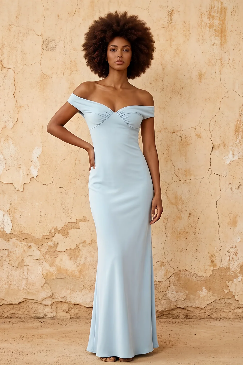 Marina Sky Blue Satin Off The Shoulder Maxi Dress
