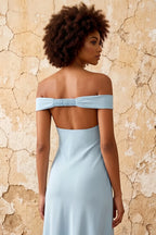 Marina Sky Blue Satin Off The Shoulder Maxi Dress