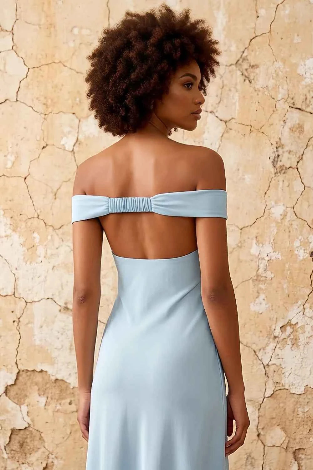 Marina Sky Blue Satin Off The Shoulder Maxi Dress