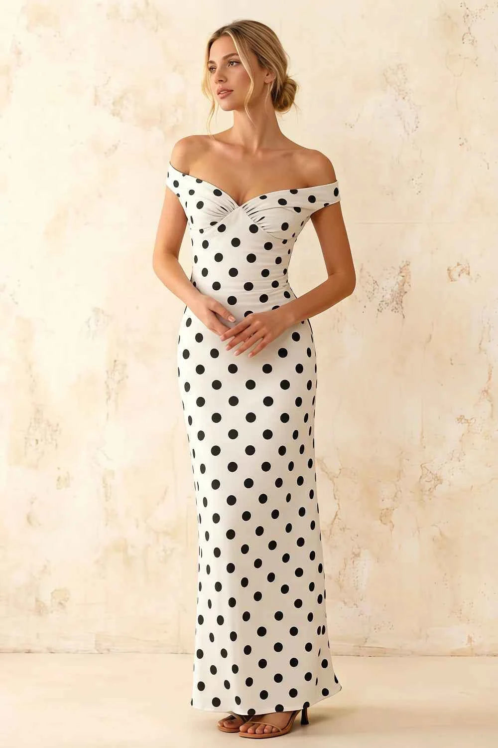 Marina White Polka Dot Off The Shoulder Maxi Dress