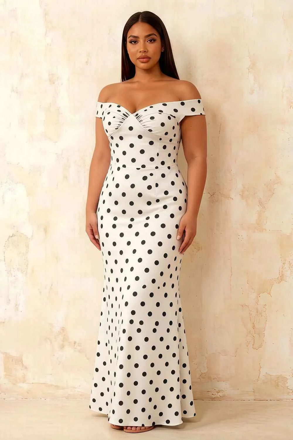 Marina White Polka Dot Off The Shoulder Maxi Dress