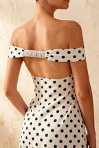 Marina White Polka Dot Off The Shoulder Maxi Dress