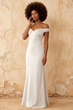 Marina White Satin Off The Shoulder Maxi Dress