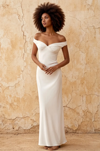 Marina White Satin Off The Shoulder Maxi Dress