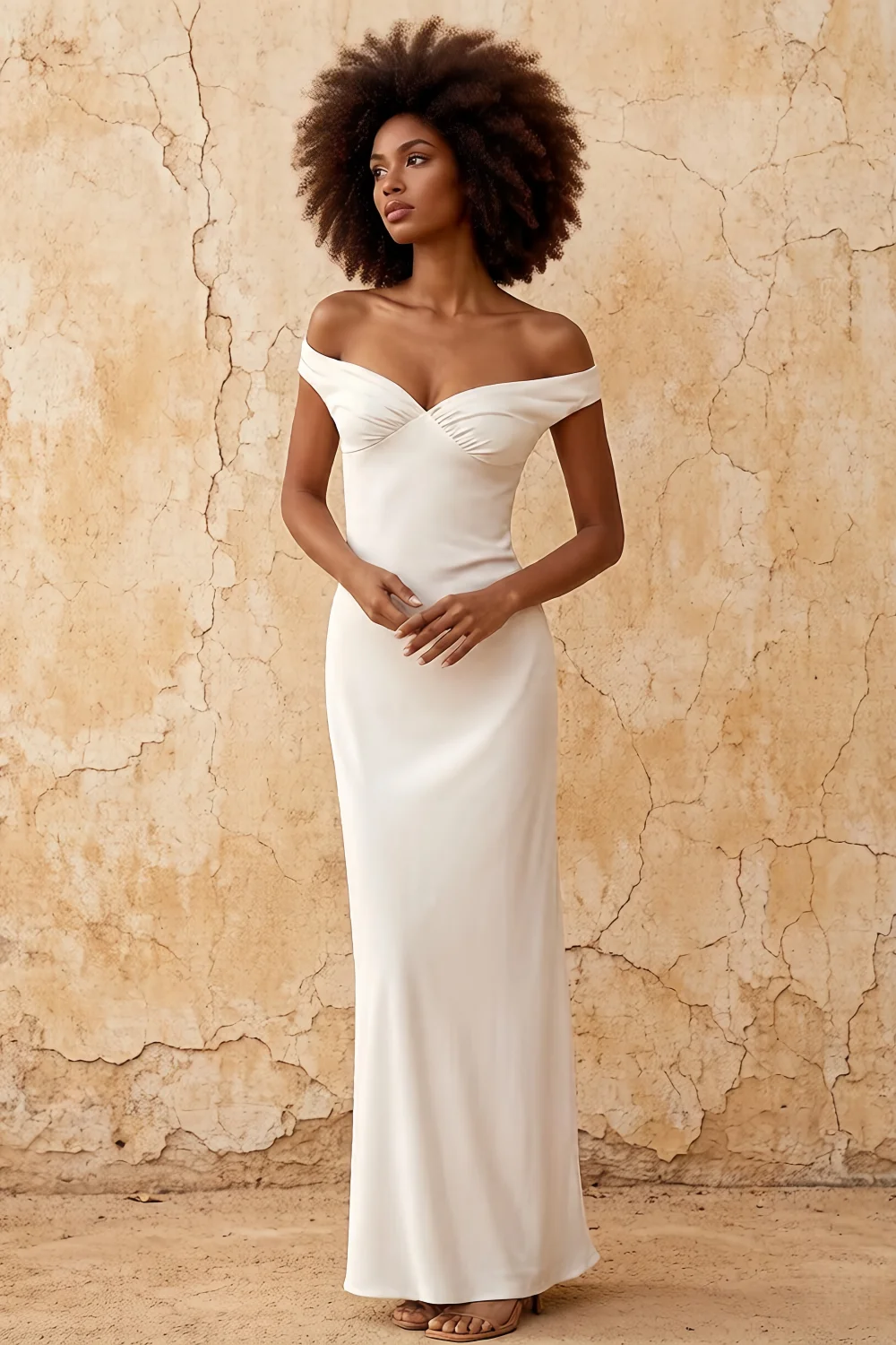 Marina White Satin Off The Shoulder Maxi Dress