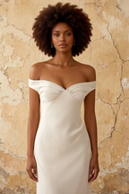 Marina White Satin Off The Shoulder Maxi Dress