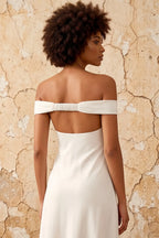 Marina White Satin Off The Shoulder Maxi Dress