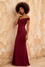 Marina Wine Satin Off The Shoulder Maxi Dress