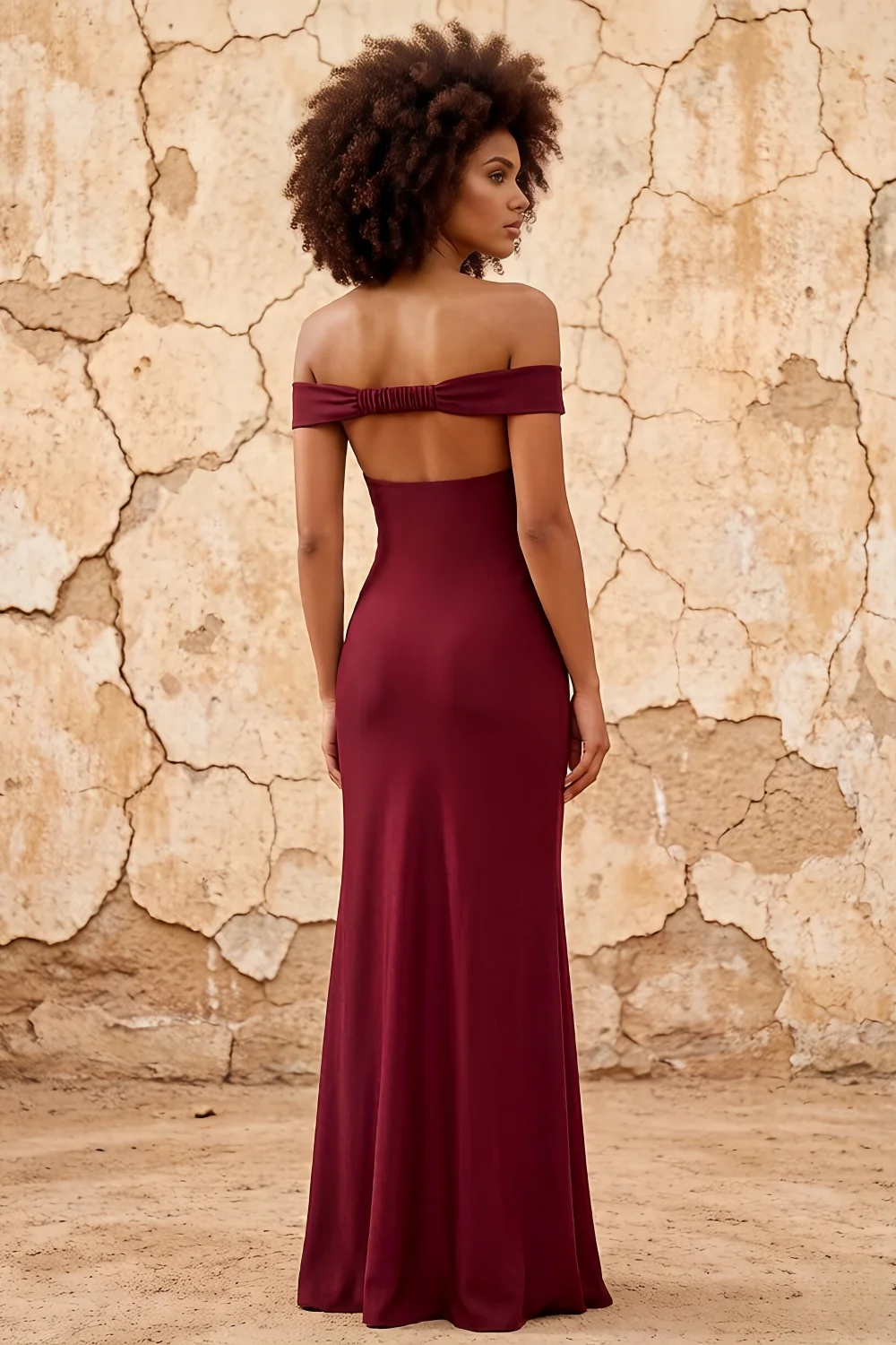 Marina Wine Satin Off The Shoulder Maxi Dress