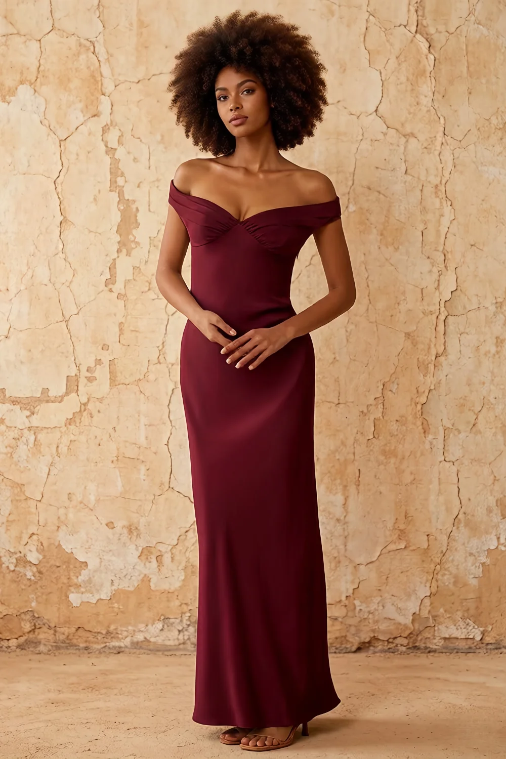 Marina Wine Satin Off The Shoulder Maxi Dress