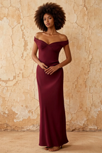Marina Wine Satin Off The Shoulder Maxi Dress