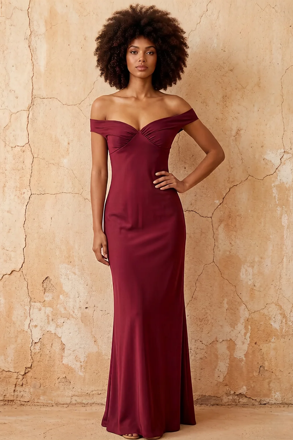 Marina Wine Satin Off The Shoulder Maxi Dress