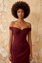 Marina Wine Satin Off The Shoulder Maxi Dress