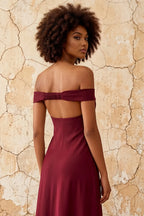 Marina Wine Satin Off The Shoulder Maxi Dress
