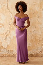 Marina Wisteria Satin Off The Shoulder Maxi Dress