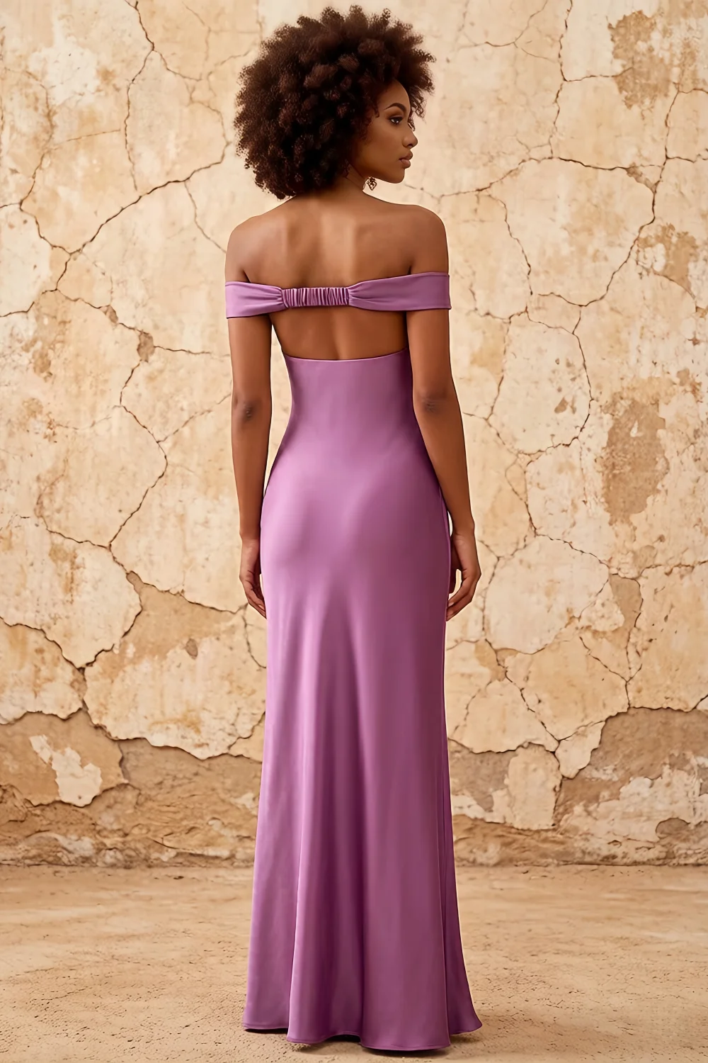 Marina Wisteria Satin Off The Shoulder Maxi Dress