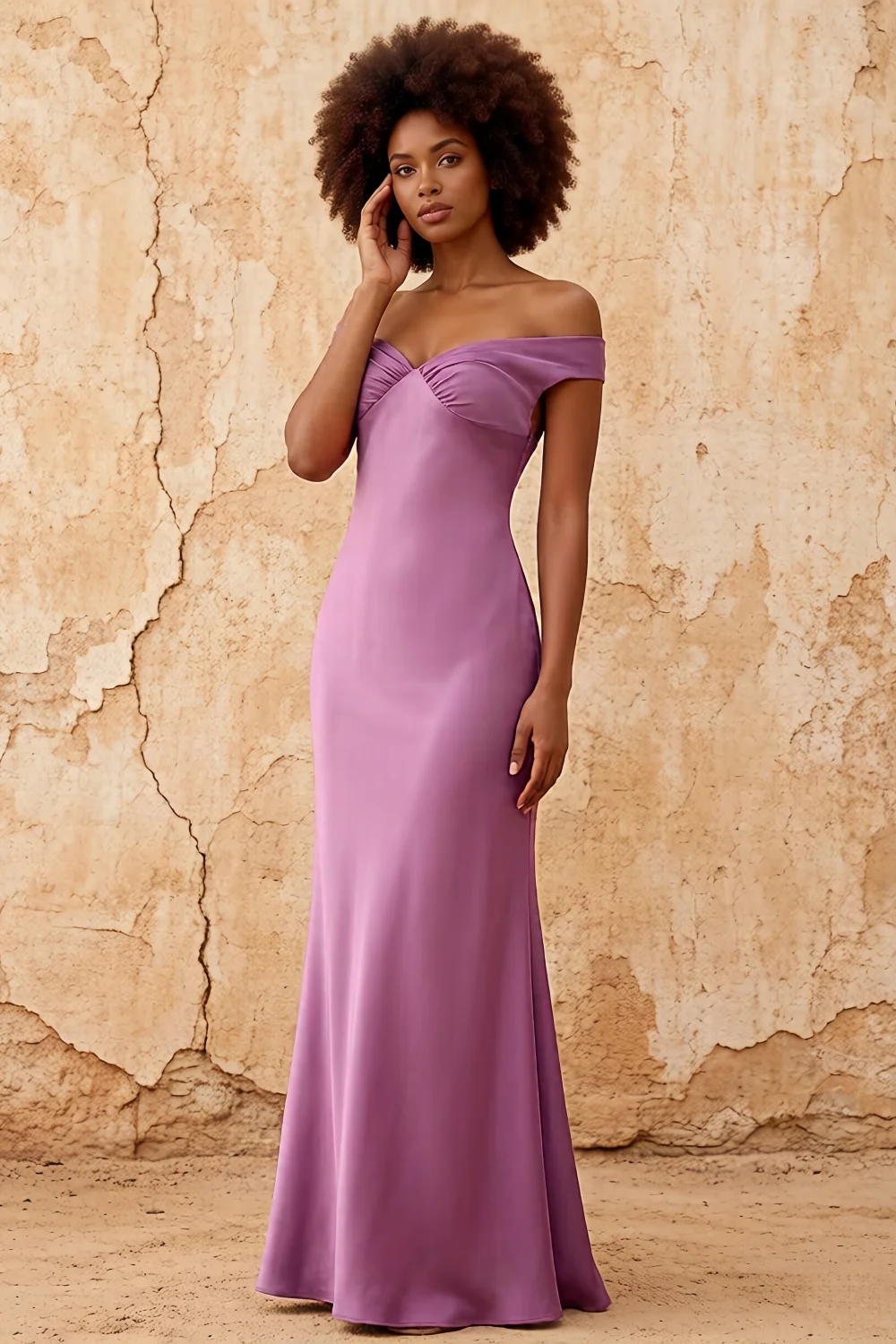 Marina Wisteria Satin Off The Shoulder Maxi Dress