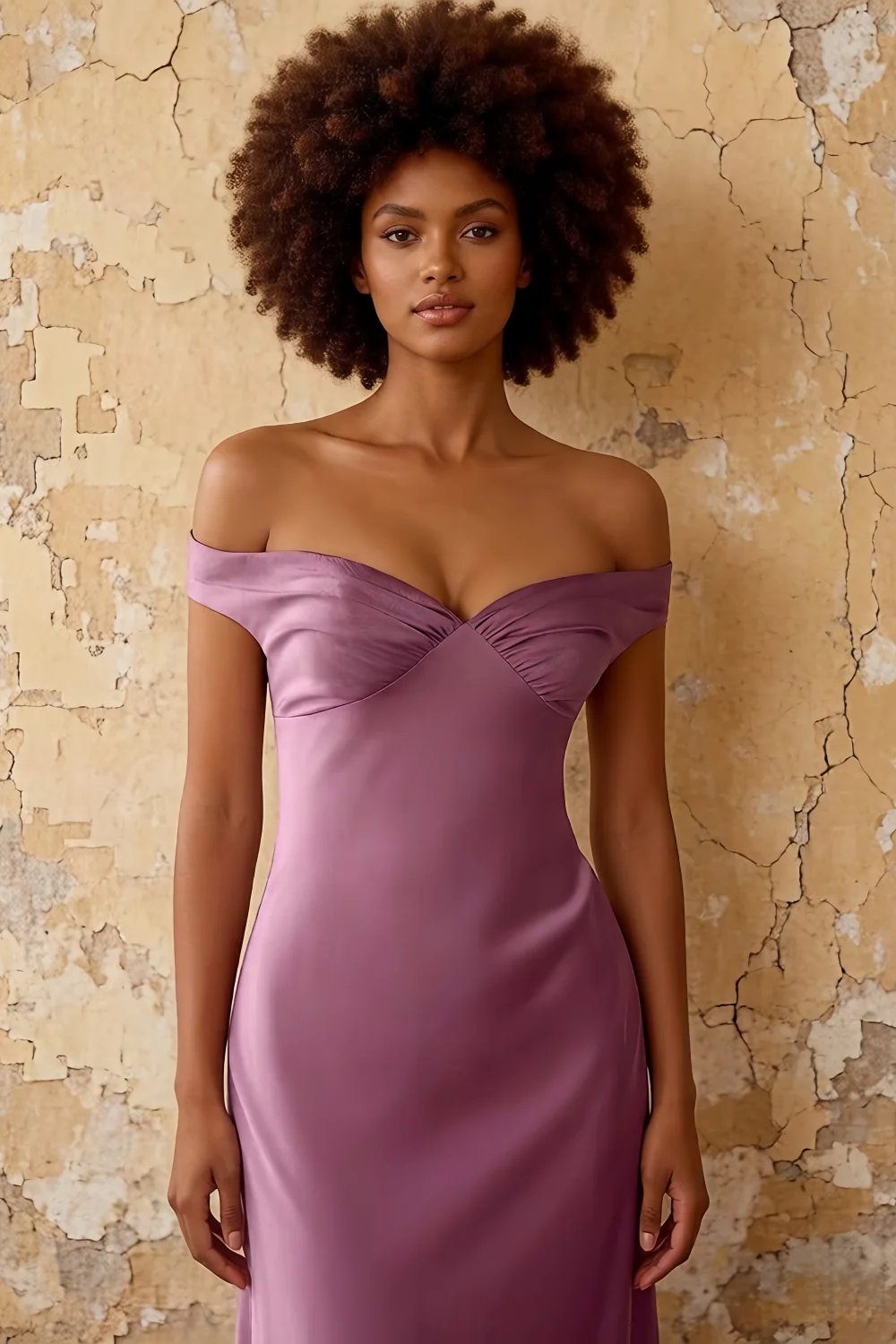 Marina Wisteria Satin Off The Shoulder Maxi Dress