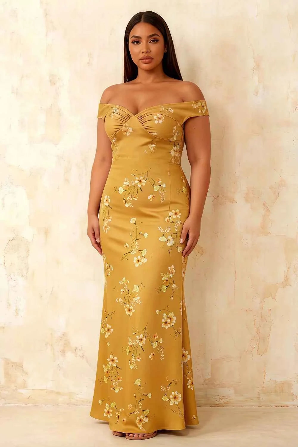 Marina Yellow Floral Off The Shoulder Maxi Dress