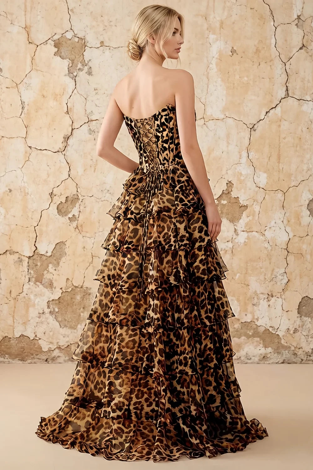 Translation missing: es.Martha Brown Leopard Print corset tiered ruffle A-line maxi dress with lace-up back and slit - product photo 2 content.product_image_secondary
