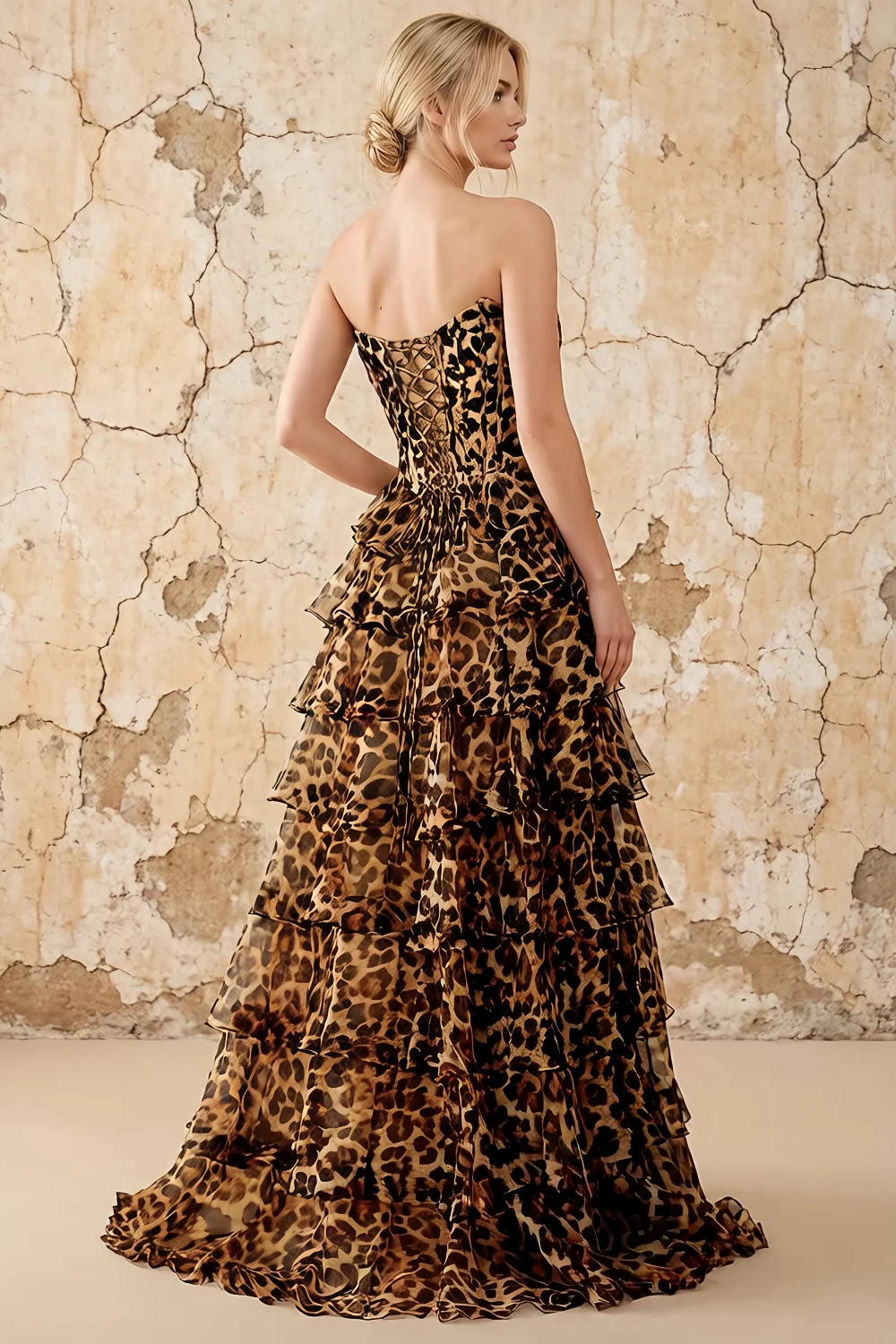 Martha Brown Leopard Print Corset Ruffle A-line Maxi Dress