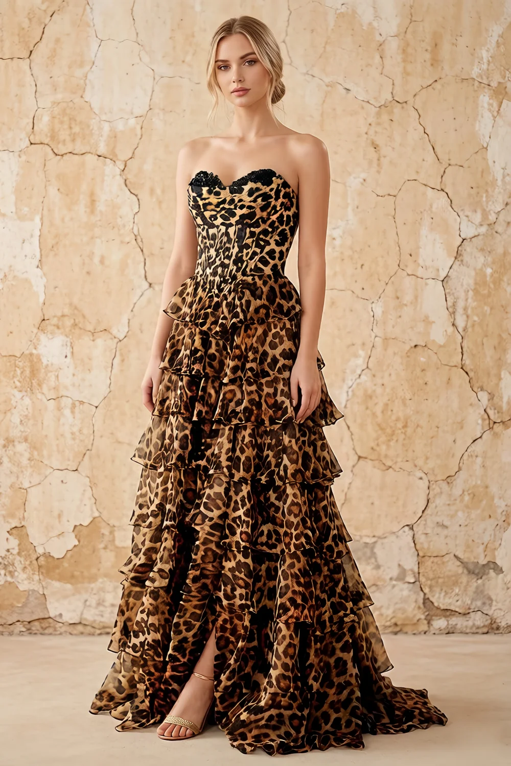 Martha Brown Leopard Print Corset Ruffle A-line Maxi Dress